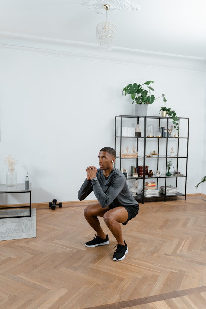 Visualization A man performs squats in a stylish indoor setting, embracing a healthy lifestyle.